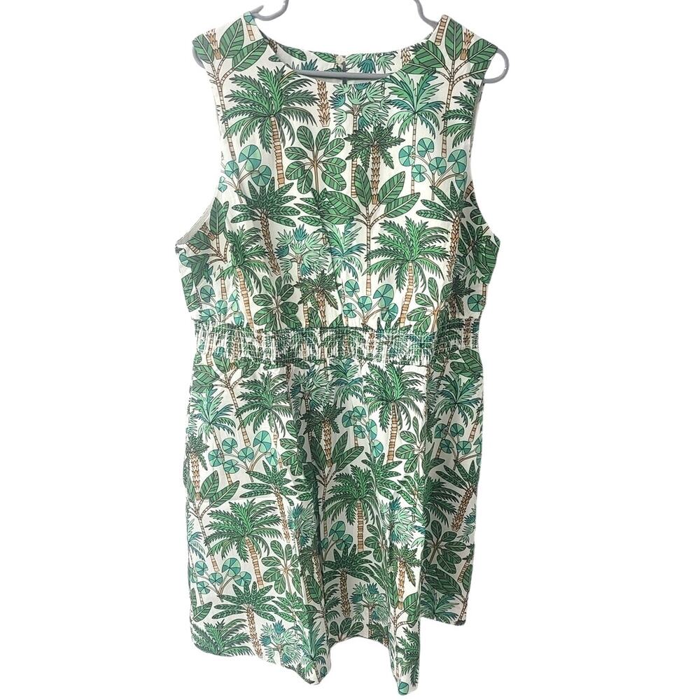 Boden Smocked Waist Mini Dress White with Green Palm Trees - 16-18